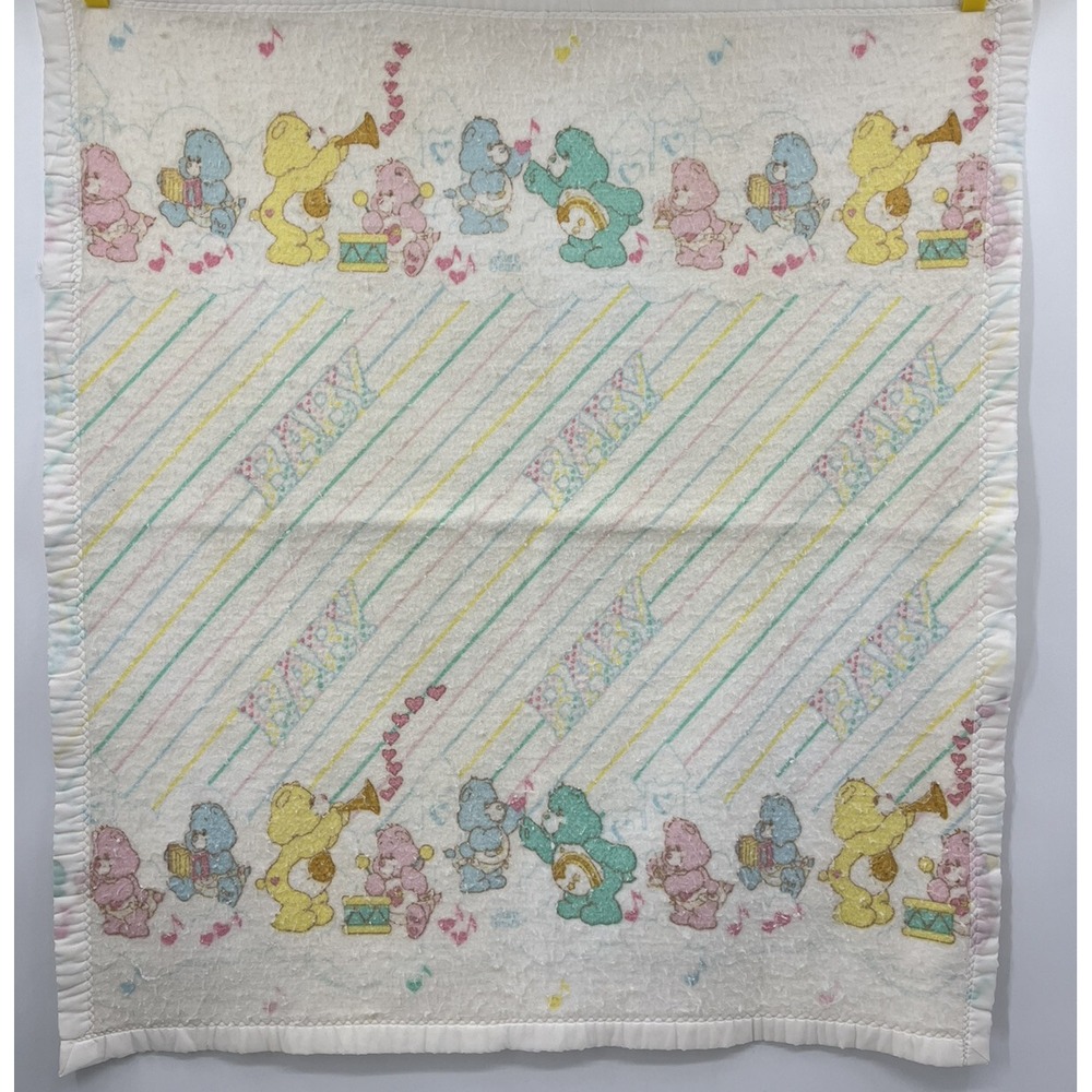 Vintage Beacon Care Bears Fleece Blanket Satin Trim USA Made 43" x 29"